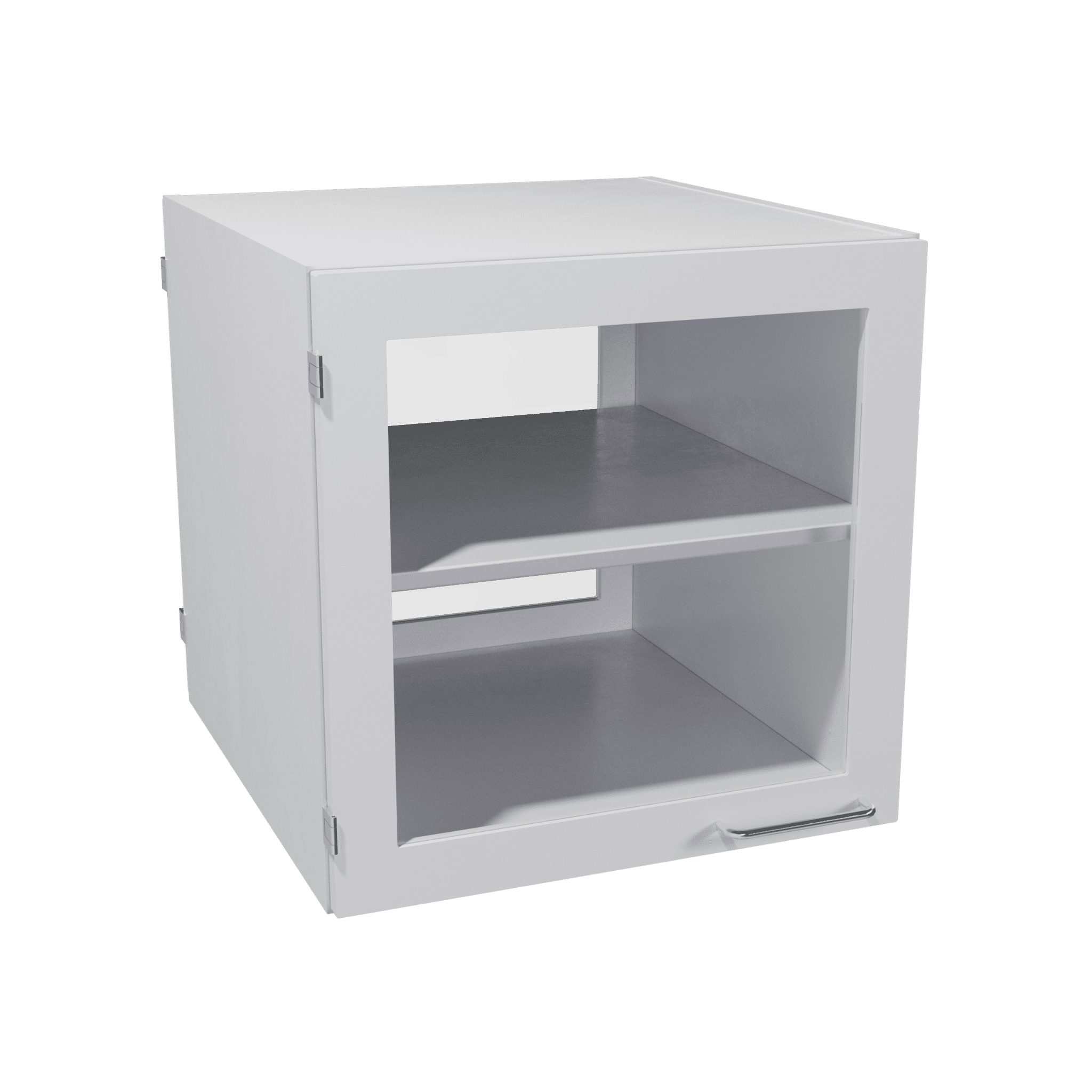 Overhead cabinet for bridge with glass door and laminate frame